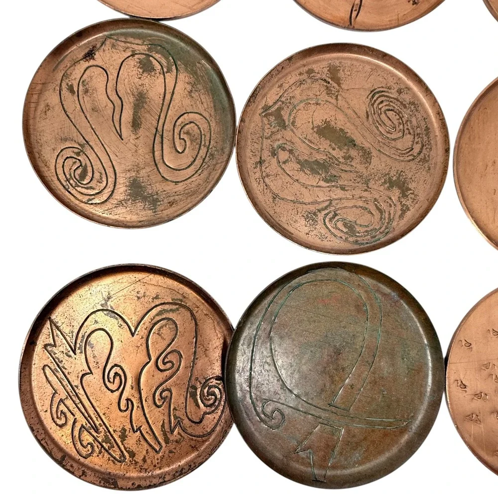 Unbranded Copper Coasters Set 16 Wood Caddy Brown Good Hand Stamped Etched MCM